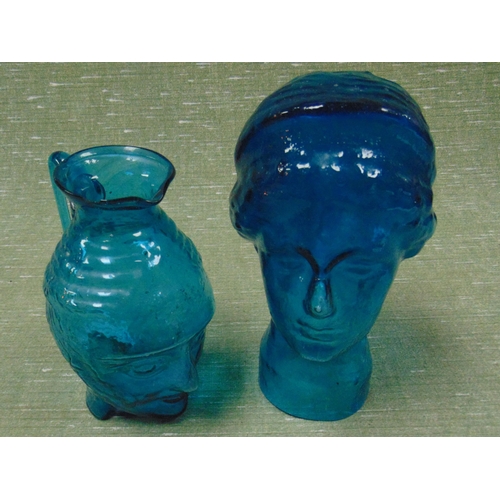 164 - Vintage blue glass jug in the form of a girl's head and a blue glass bust. (2)