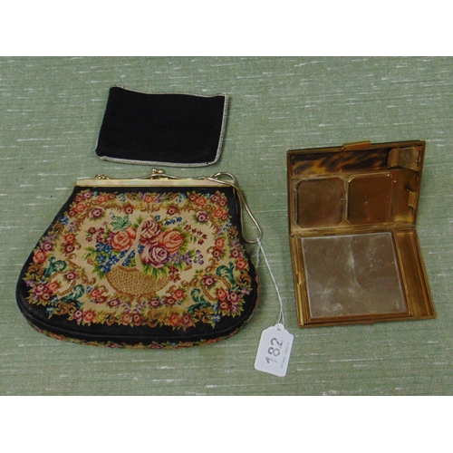 182 - Mother of pearl banded needlework ladies bag, and a compact. (2)