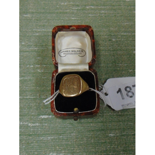 187 - Cased 9ct gold signet ring, size V. 9.9 gms.