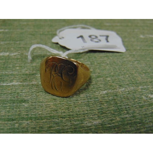 187 - Cased 9ct gold signet ring, size V. 9.9 gms.