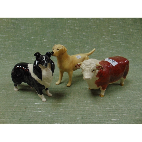 206 - Beswick champion of champions Herford cow, Labrador and a Collie.