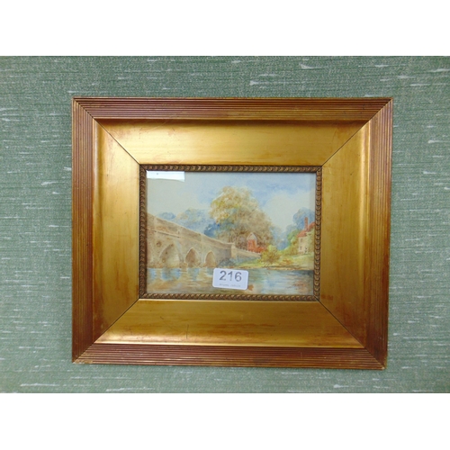 216 - Ernest Potter, framed and glazed watercolour, bridge over river, signed and dated lower right. 5 x 7... 