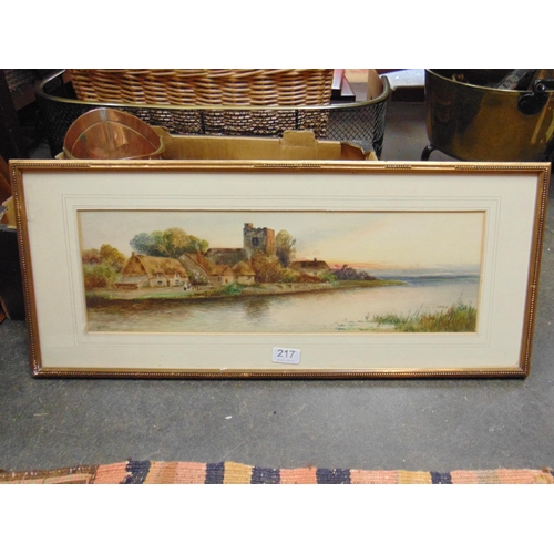 217 - A.F.Cox,  framed and glazed watercolour, riverside scene, signed and dated lower left. 6.5 x 21