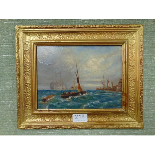 218 - Gilt framed oil on board, sailing vessels. 6.5 x 7.5