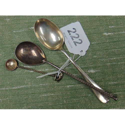 222 - Silver tea spoon, Sheffield 1925, Russian silver spoon, and an Indian silver mustard spoon, with 2 A... 