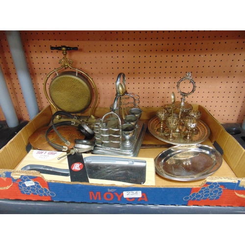 234 - Brass gong on stand, plated egg cruet, etc.