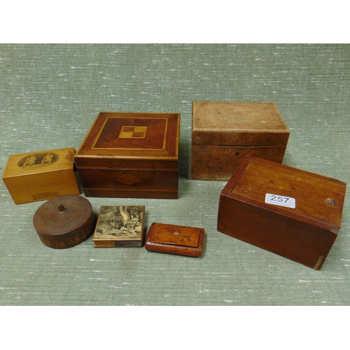 257 - Mauchline ware box, snuff box and four other examples.