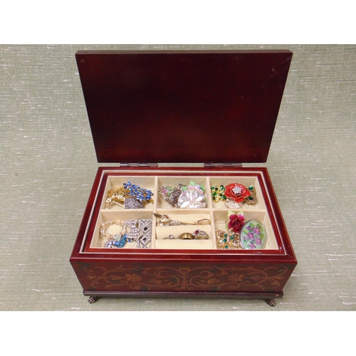 265 - Reproduction trinket box, containing a collection of costume jewellery.