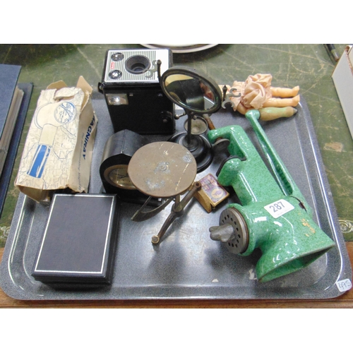 287 - Ceramic mincer, brass scales, Kodak camera, etc.