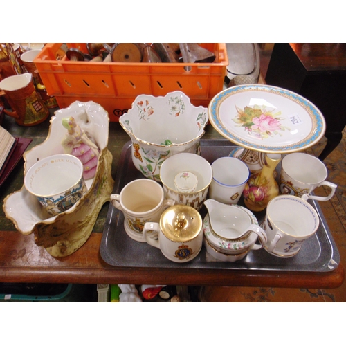 294 - Worcester comport, commemorative mugs, tankard, ornate jardiniere, etc.