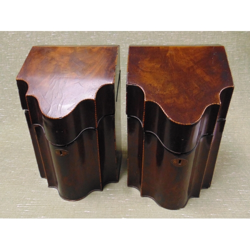 3 - Pair of George III inlaid mahogany knife boxes, having lift up lids, serpentine fronts and fitted in... 