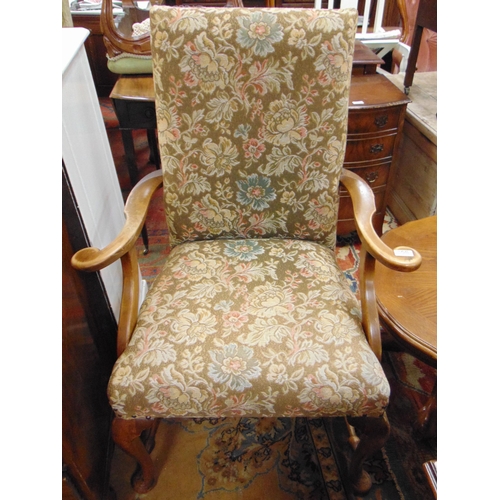 369 - Beech framed chair , all over upholstery, open arms, all over floral upholstery, on frontal cabriole... 