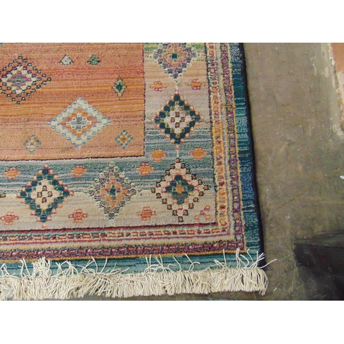 377 - Blue and red ground rug, having geometric pattern,  89 x 61