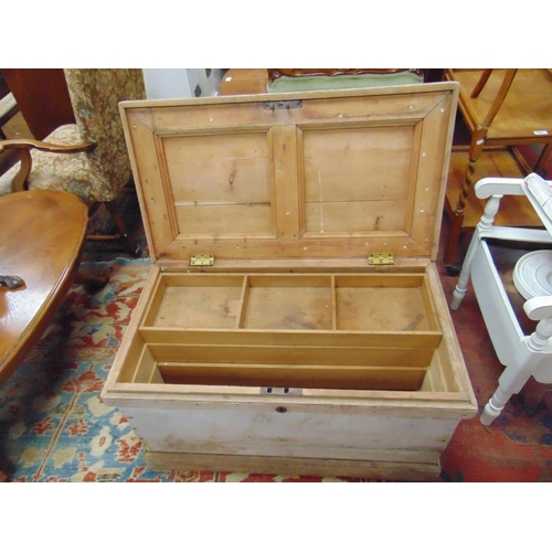 379 - Stripped pine blanket box, having lift up lid and side handles,  20 x 35.5 x 19.5