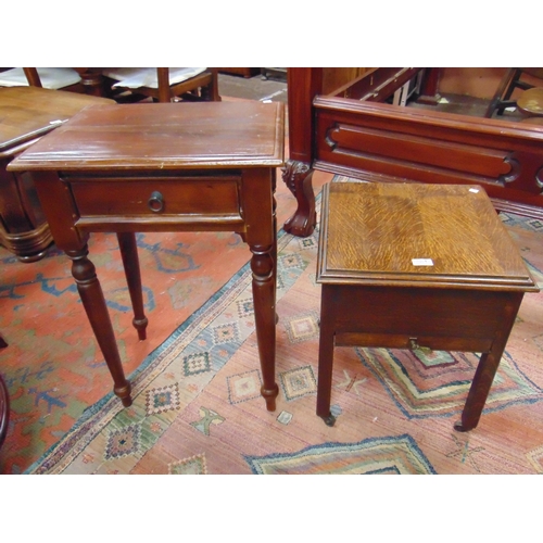 381 - An oak sewing box on stand and a mahogany single drawer side table. (2)