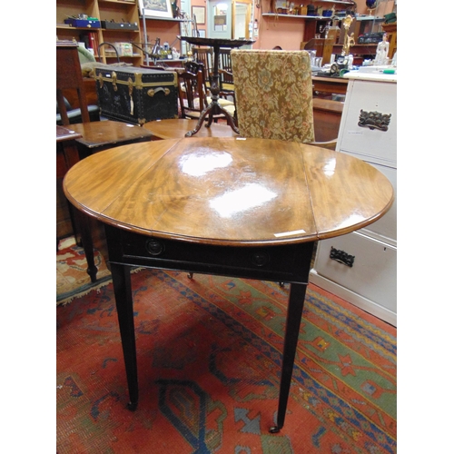 383 - Antique mahogany pembroke table, drop leaves, end drawer and faux to reverse, on tapered supports an... 