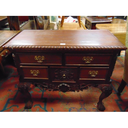 387 - Reproduction hardwood lowboy, carved frieze, five drawers with gilt metal handles, on cabriole suppo... 