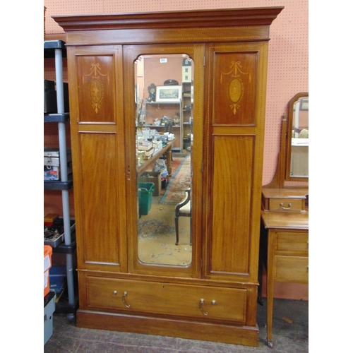 395 - Edwardian inlaid mahogany two piece bedroom suite, comprising single door wardrobe and mirror back d... 