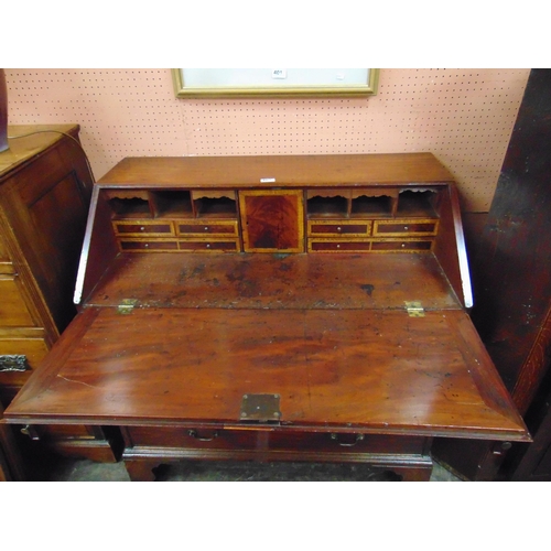 402 - George III mahogany bureau, fall front revealing a fitted interior, two short and three long cock be... 