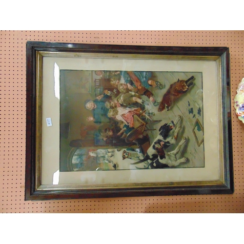 417 - Arthur T. Elsley, framed and glazed colour print depicting a pack of fox hounds chasing a fox in a c... 