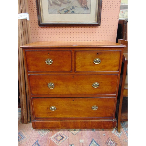 418 - Good small antique mahogany chest of two short and two long drawers with oval brass handles, on plat... 