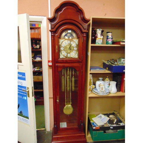 425 - Reproduction longcase clock , gilt moulded decoration, Roman numerals and visible pendulum. 84