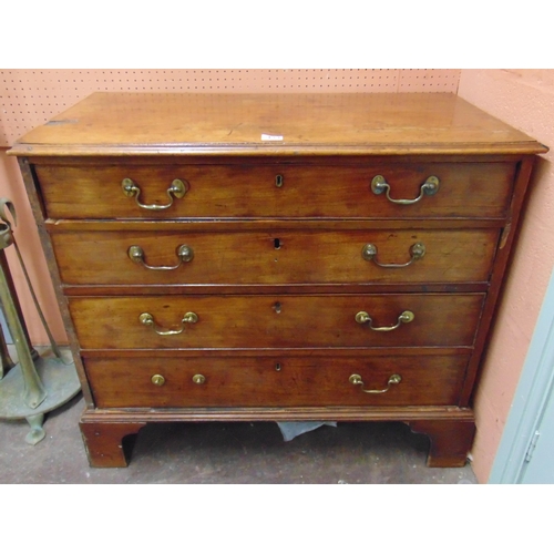 432 - Antique small mahogany chest of four long, graduated drawers, brass swan neck handles and on bracket... 