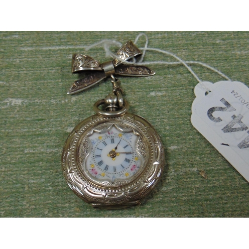 442 - Antique silver cased ladies fob watch, having floral encrusted enamel dial, together with a silver b... 