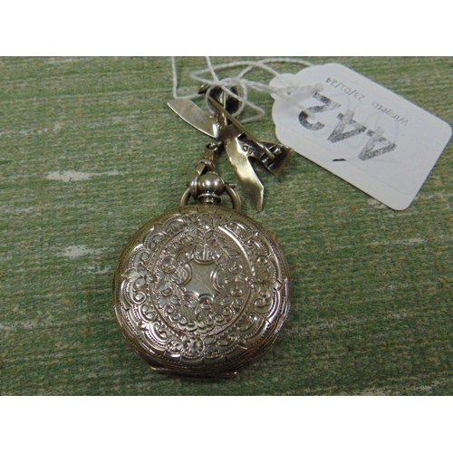 442 - Antique silver cased ladies fob watch, having floral encrusted enamel dial, together with a silver b... 