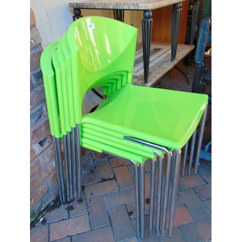 461 - Six green coloured stacking chairs , and four other examples.