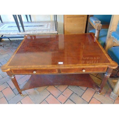 465 - Reproduction mahogany crossbanded coffee table, pair of drawers, reeded supports joined by an under ... 