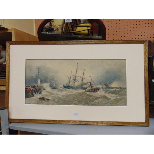 318 - Hardy, framed colour print, sailing vessels on a stormy quayside, 10.5 x 23