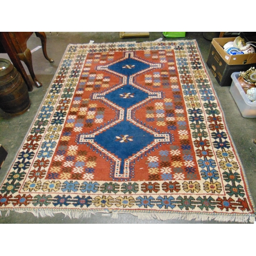 108 - Red and blue ground rug, having geometric pattern. 76 X 59