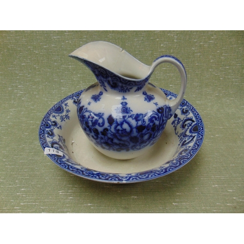 118 - Antique blue and white jug and bowl set. (af)