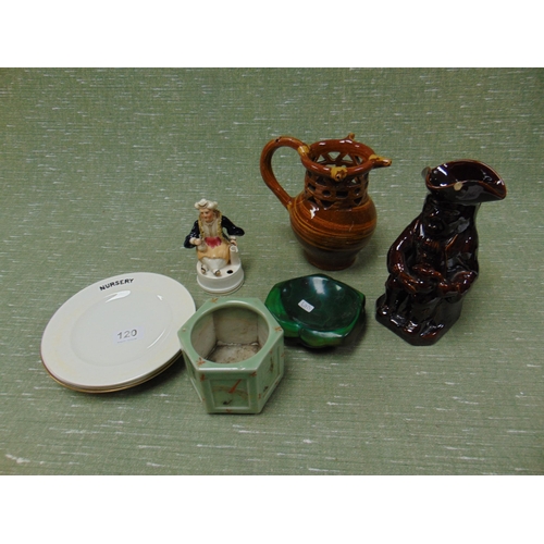 120 - Slip glazed puzzle jug (f), Staffordshire figure, treacle glazed Toby jug, etc.