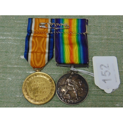 152 - 3235 PTE . L.W.DUNSTON  R.A.M.C pair of First World War medals with ribbons.