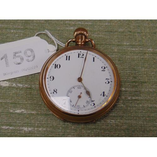 159 - Victorian pocket watch, contained in a gold plated case, with enamel face and Arabic numerals.