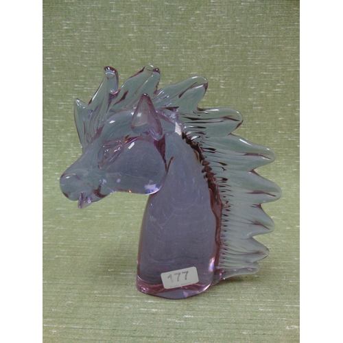 177 - Purple glass horse head sculpture, signed Laueth. 10