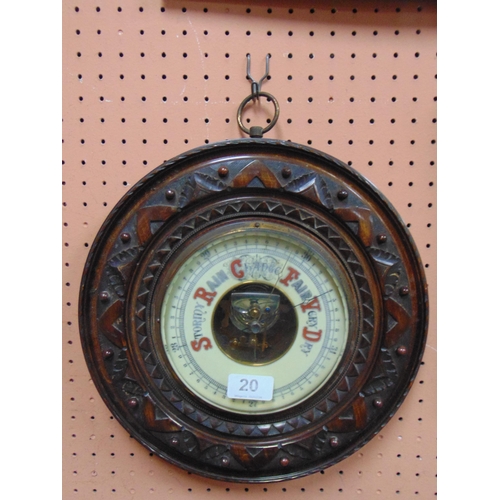 20 - Antique circular oak framed barometer. 12