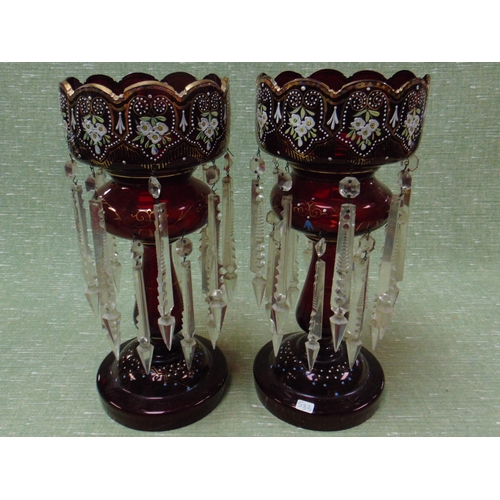 266 - Pair of antique ruby glass lustres, each 15