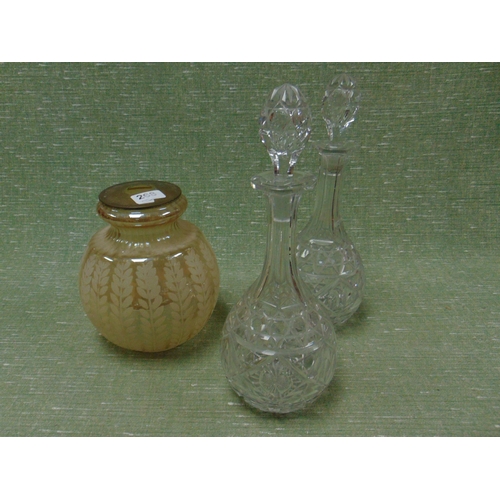 268 - Pair of cut glass decanters and a frosted glass light shade.