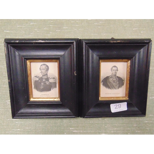 29 - Two ebony framed black and white miniature engravings, Viscount Hardinge & Waldemar. Each 3 x 2.5