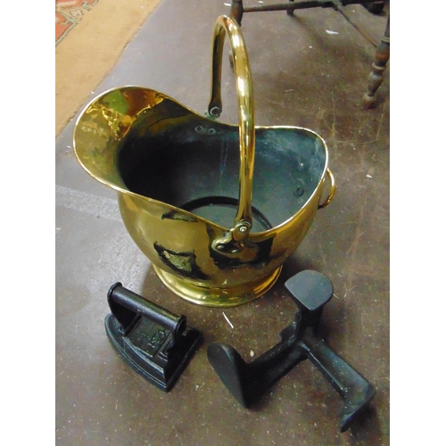 306 - Brass coal scuttle, flat irons, etc.