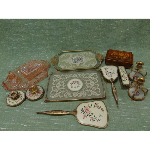 307 - Needlework dressing table set, etc.