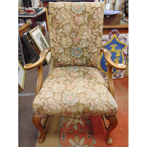 321 - Beech framed chair, all over upholstery, open arms, all over floral upholstery, on frontal cabriole ... 