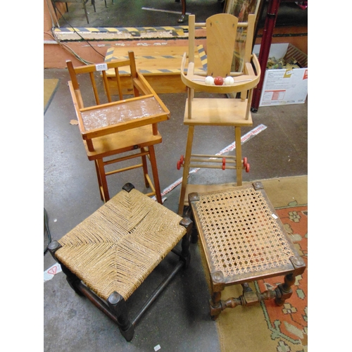 324 - Doll's high chair, one other example and two basket weave stools.