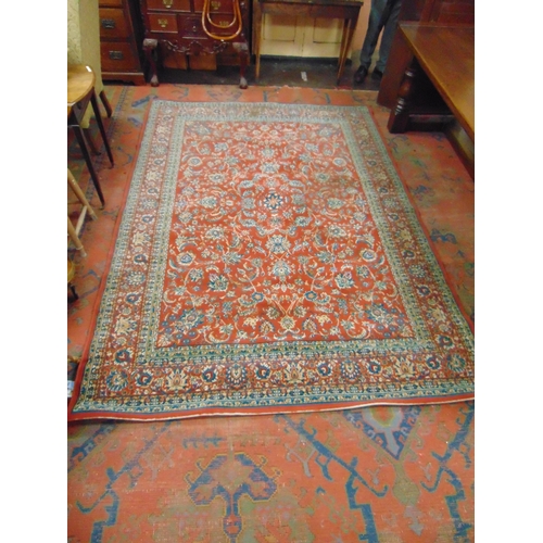 348 - William Morris influenced rug, having blue and red geometric pattern. 112 x 79