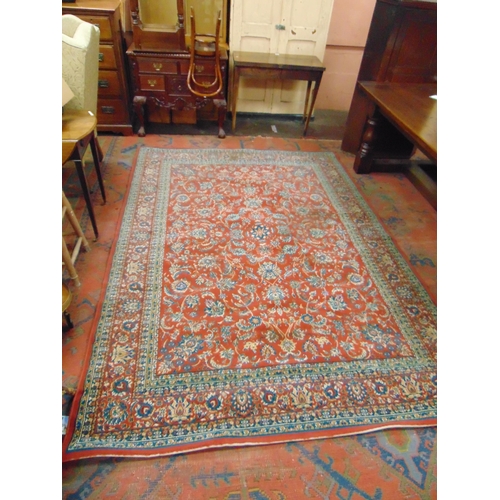 348 - William Morris influenced rug, having blue and red geometric pattern. 112 x 79