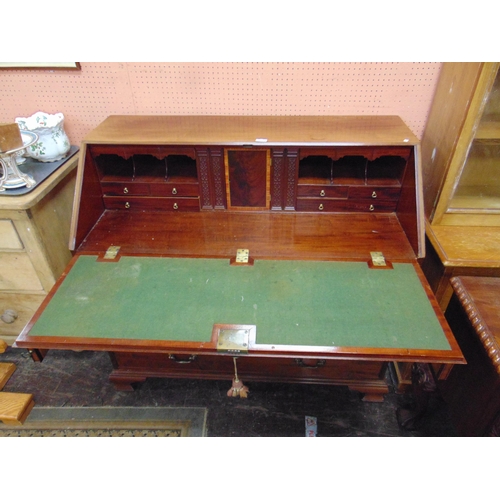 367 - Antique inlaid mahogany bureau, fall front,  revealing a fitted interior, over two short and three l... 