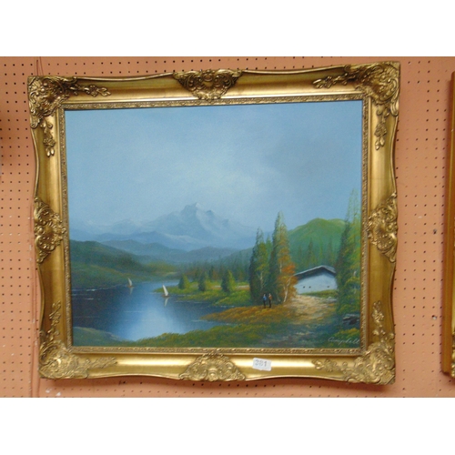 381 - Campbell, framed oil, lakeside scene, and one other example. (2)